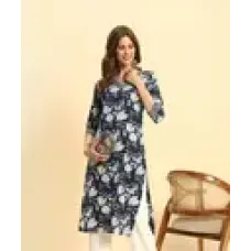 Women Floral Print Viscose Rayon Straight Kurta  (Blue)