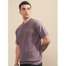 Men Self Design Round Neck Pure Cotton Purple T-Shirt