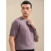 Men Self Design Round Neck Pure Cotton Purple T-Shirt