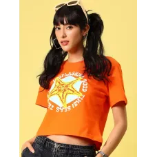  Women Solid Round Neck Cotton Blend Orange T-Shirt